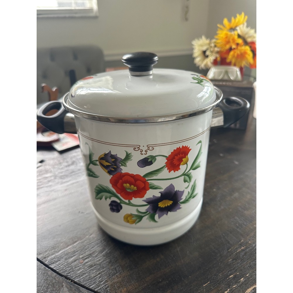 Vintage GMI Enamelware Steamer Pot Lid Insert Floral Pansy White 7.5" VGUC